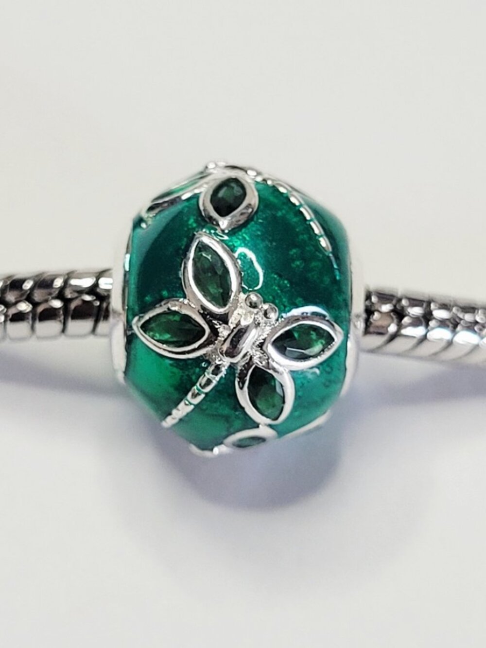 NWT Gorgeous Metallic Emerald Green, Silver Color Dragonfly Pandora Style Charm